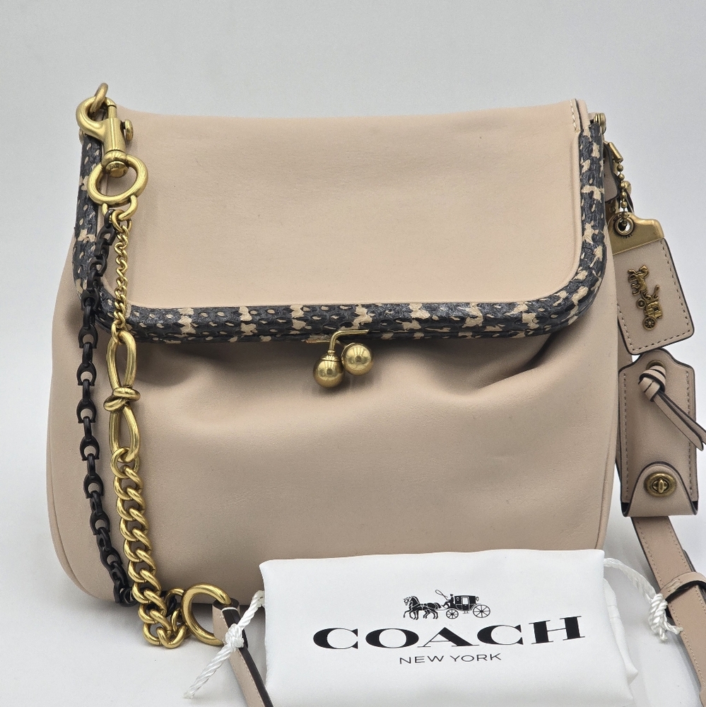 💥RARE💥Coach 1941 Glovetanned Leather Rider24 Kisslock Chain Crossbod Bag Chalk